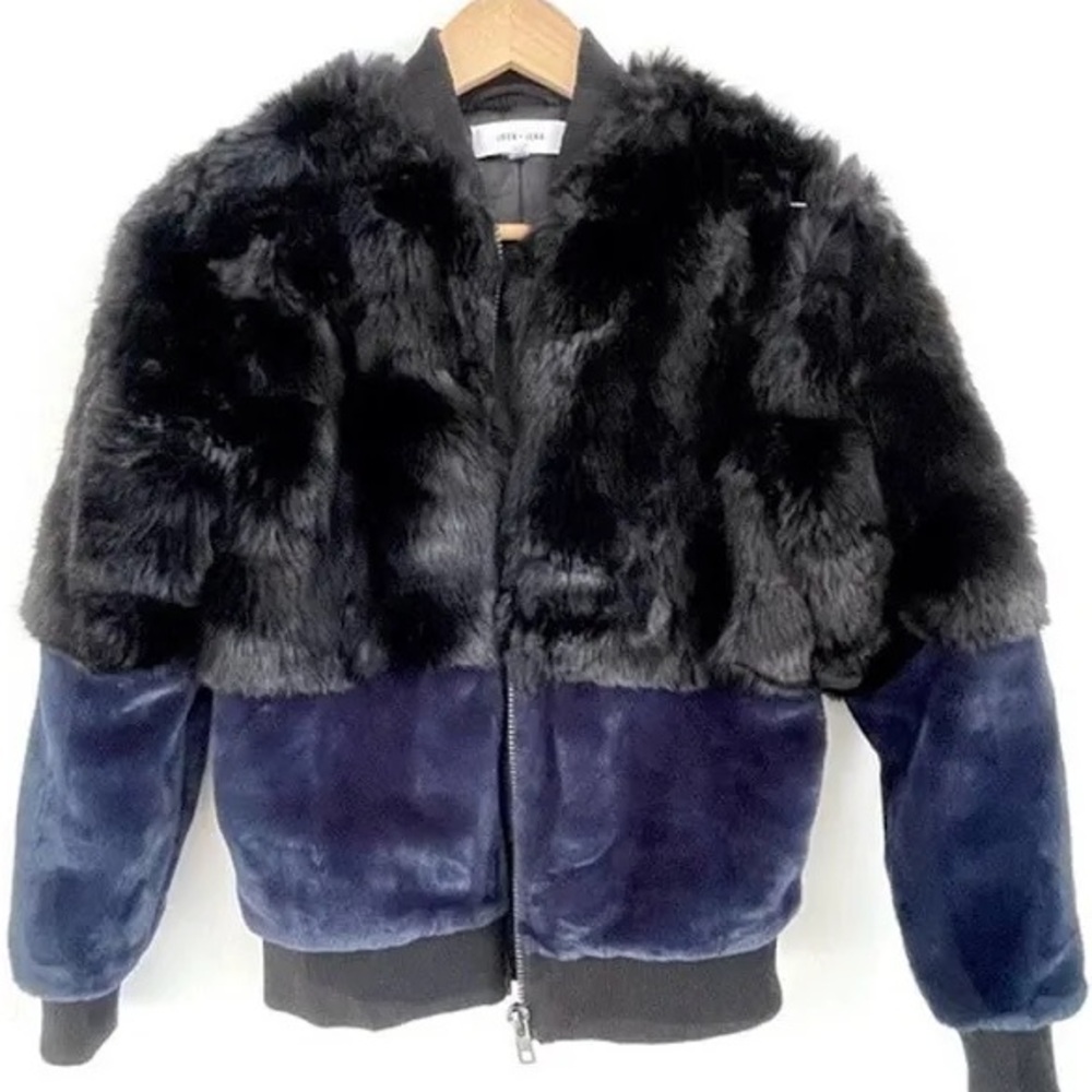 John Jenn black and blue fur jacket